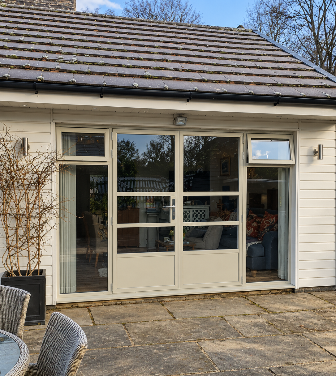 White glazed patio doors opening onto a residential garden