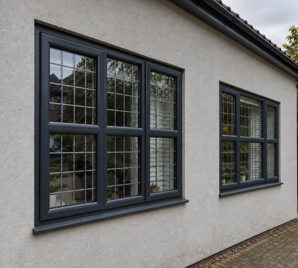 Anthracite grey uPVC windows with Georgian glazing bars fitted to a residential property